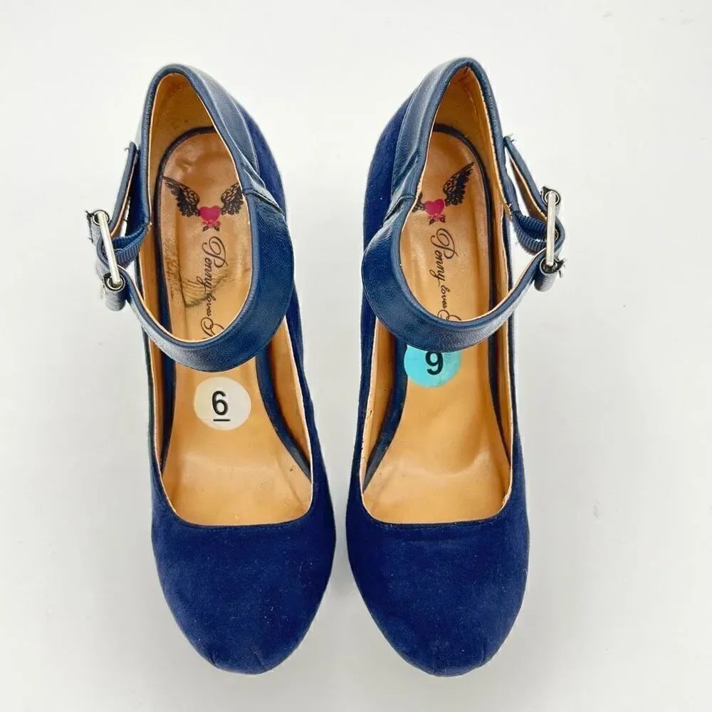 Penny Loves Kenny Royal Blue Faux Suede Shoes Sz 6 Womens Strap Heels Platform - Picture 2 of 7